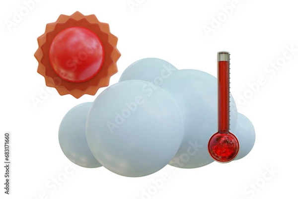 Obraz 3d render illustration cloud, sun icon. Weather cute set mockup. Outdoor nature, spring ,rainy, summer, winter, fall seasons.Weather forecast sign. Meteorological icon with temperature show in thermo.