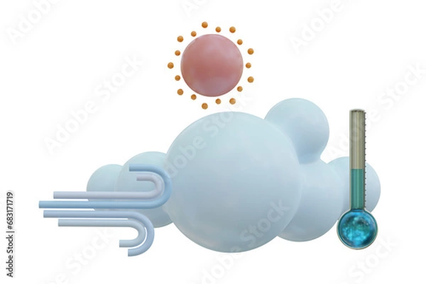 Obraz 3d render illustration cloud sun wind icon. Weather set mockup. Outdoor nature, spring ,rainy, summer, winter, fall seasons.Weather forecast sign. Meteorological icon with temperature show in thermo.