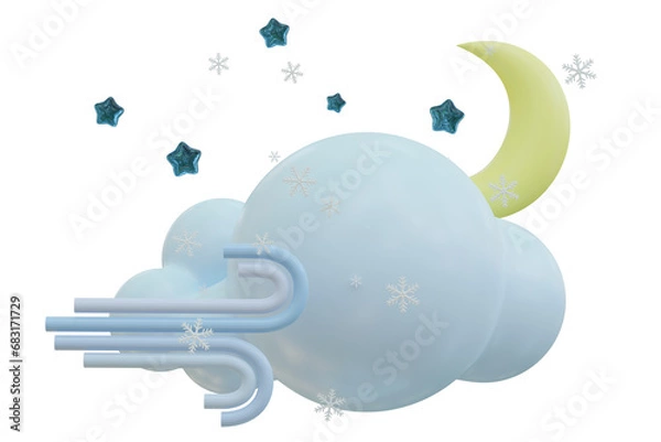 Obraz 3d render illustration yellow rescent moon, shining stars windy and clouds concept. Lullaby dreams cartoon cute icon set mockup. Weather forecast sign. Baby decoration design. Sweet dream products.