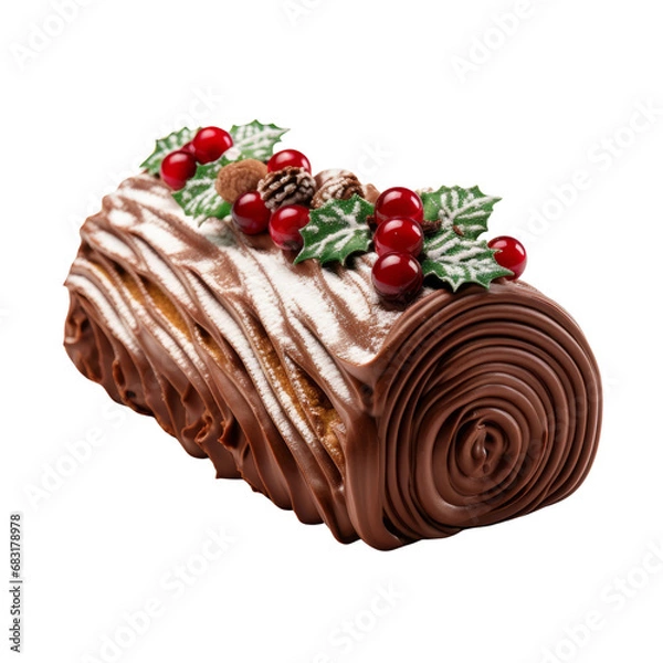 Fototapeta Christmas cake, chocolate yule log , buche de noel with red currant isolated on white transparent, PNG