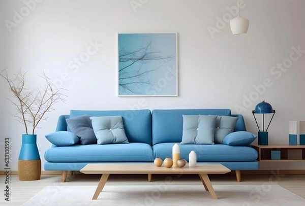 Fototapeta Cozy Living Room with Blue Couch, Pillows, and Table Decorated with Candles for a Relaxing Evening Ambience Generative AI