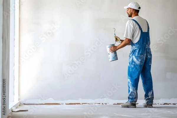 Fototapeta Professional painter in workwear and cap holding a can of paint for home renovation and improvement projects. Generative AI