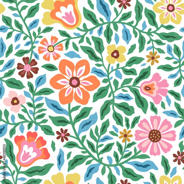 Fototapeta Colorful patterns depicting tropical plants, flowers, flower twigs, leaves on a white background. Foliage of exotic plants in summer for banners, prints, decor.