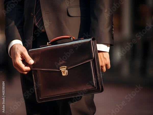 Fototapeta Confident Businessman in Suit Carrying Briefcase Walking on Busy City Street During Rush Hour Traffic Generative AI