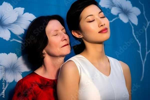 Fototapeta Two Women Standing Together in Casual Attire with Smiling Faces Generative AI