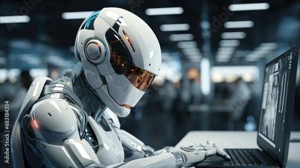 Fototapeta Modern robot of the latest generation from the future cyberpunk is working on a laptop