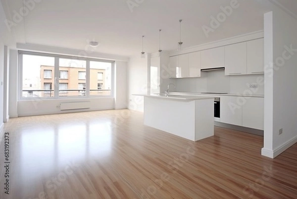 Fototapeta white cabinets in light spacious modern empty open plan stylish refurbished apartment 