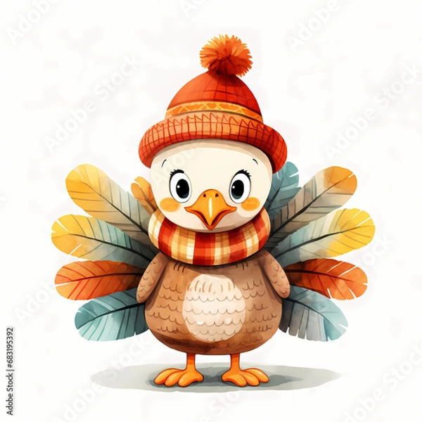 Fototapeta Turkey in a hat and scarf for Thanksgiving.  Generative AI 