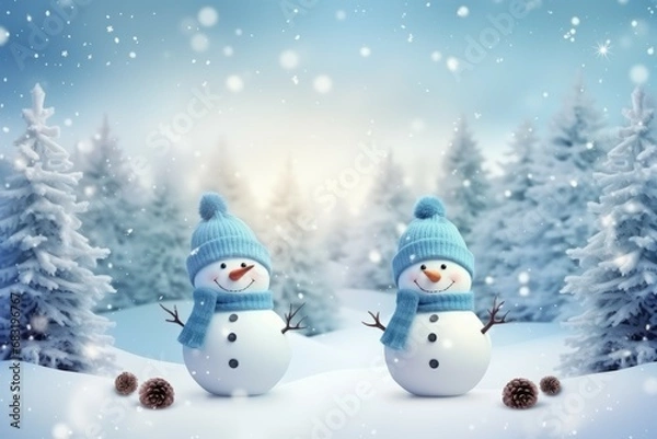 Obraz Winter background with snowmen in a Christmas landscape