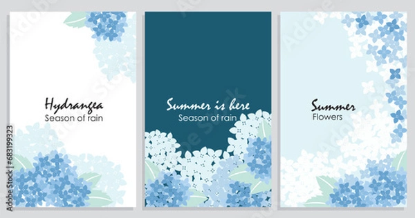 Obraz Hydrangea card invitation set with blue floral watercolor frame. Vector banners set with hydrangea flowers.