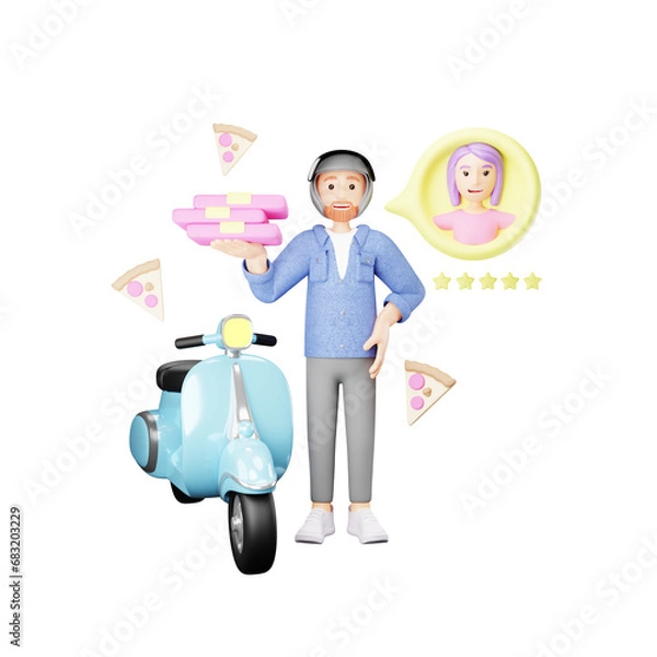 Obraz Pizza Delivery Service - Cartoon Character on Scooter with Pizza Box