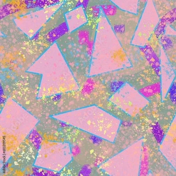 Fototapeta Seamless pattern of geometric shapes of abstract elements in pink and yellow shades on a green background for textiles.