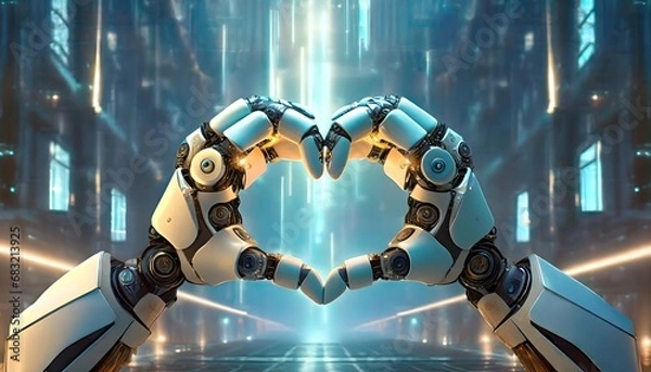 Fototapeta Robot hands forming a heart shape on a futuristic background.