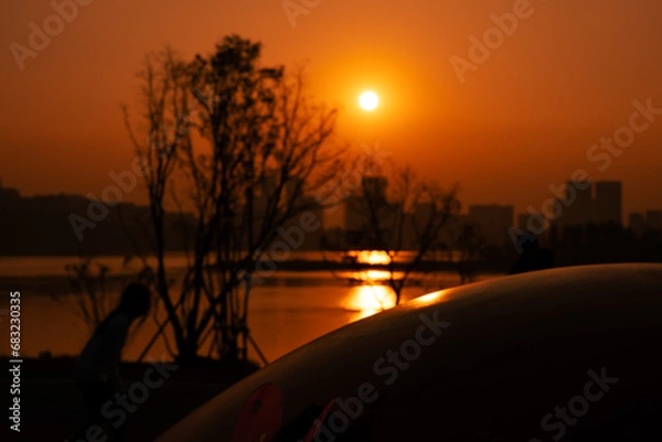 Obraz The Romantic Sunset of Xinglong Lake in Tianfu New Area, Chengdu