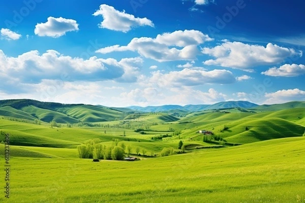 Obraz Beautiful landscape with green meadows and blue sky with clouds.