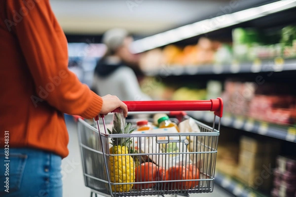 Fototapeta A woman pushes a shopping cart full of products and hand holding a shopping list. The background is a blurred product shelf.