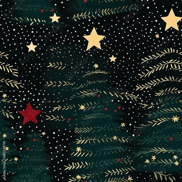 Obraz Christmas Seamless pattern with cute Santa Claus and reindeers. Christmas ornament with candy cane, holly leaves, cookies, toys, ho ho ho lettering. Holiday background, wrapping paper in cartoon style