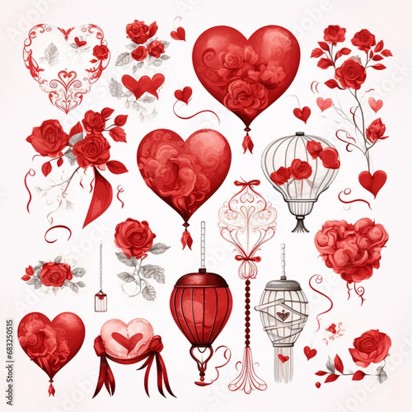 Obraz valentine icon cliparts with cute heart and valentine element simple Holiday background, wrapping paper in cartoon style