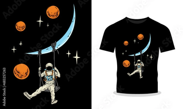 Fototapeta Premium Vector T-Shirt Design with Astronaut Swinging on the Moon Illustration