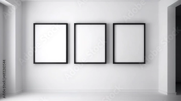 Obraz Three empty picture frames hanging on a blank wall.