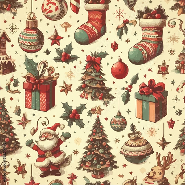 Fototapeta vintage hand drawn christmas seamless pattern with christmas tree. Ai Generated