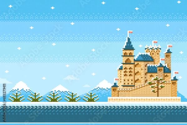 Fototapeta Castle of knight on winter nature background in game pixel style.