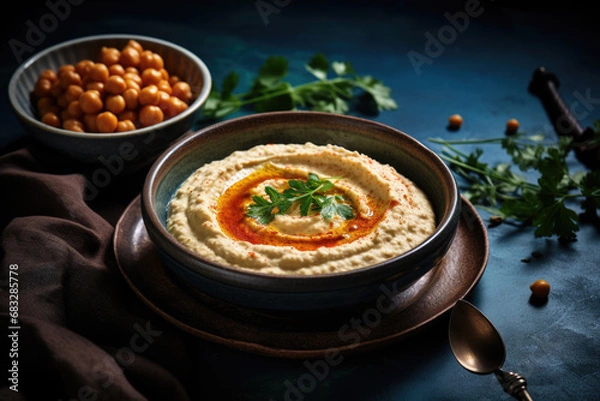 Obraz Homemade hummus dip in a rustic ceramic bow.
