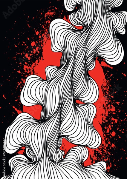 Fototapeta Abstract composition of wavy black lines on the background of a red grunge blob