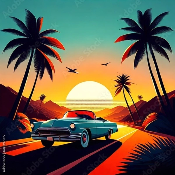 Fototapeta Vintage Car Cruising Down a Palm-Lined Road