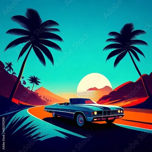 Fototapeta Vintage Car Cruising Down a Palm-Lined Road