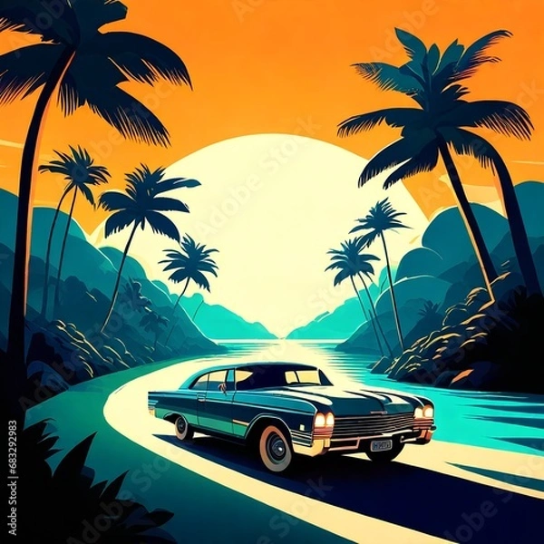 Fototapeta Vintage Car Cruising Down a Palm-Lined Road