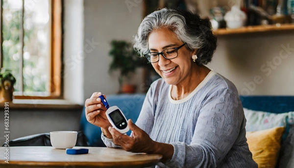 Obraz elderly woman with diabetes checking her sugar level