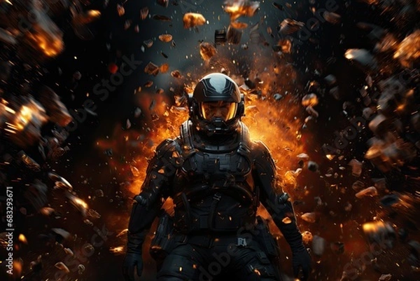 Fototapeta Space soldier with orange armor suit, many lights in background, illustration