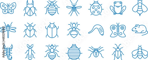 Fototapeta Insects outline icons set, including icons such as Ant, Bed bugs, Bees, Cockroach, Dragonfly, and more. Vector icon collection