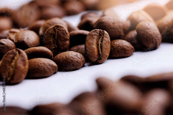 Obraz Macro fresh brown roasting coffee beans, warm light toning dark background