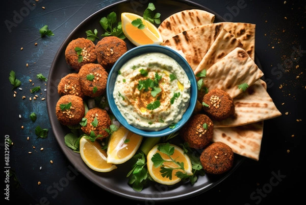 Obraz Falafel plate in blue ceramic bowl shot from above, with hummus dip and pita bread and vegitable.