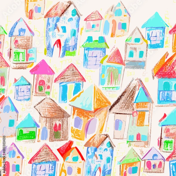 Obraz seamless pattern with houses in colour pancil and crayons childish style artwork. Good for children design