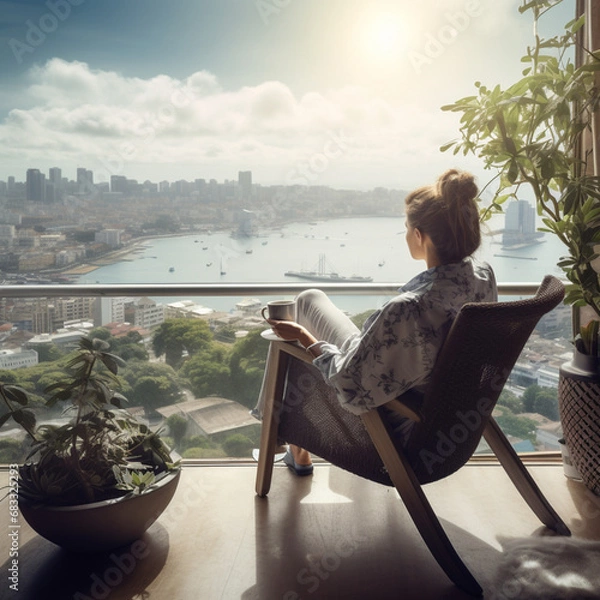 Obraz Woman having coffee with a book on a balcony overlooking the city.