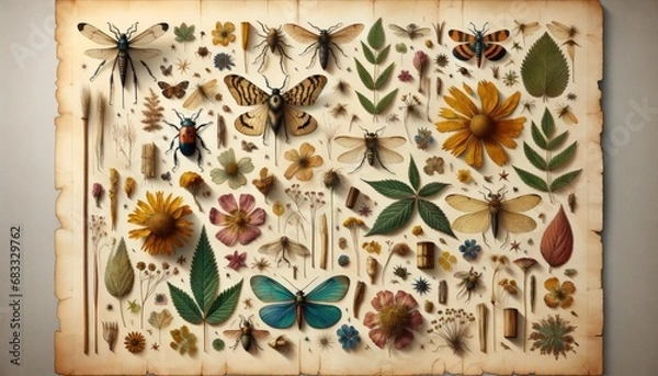 Fototapeta Antique collection display of various insects and botanical illustrations on aged paper