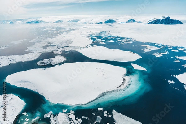 Fototapeta The image captures a breathtaking aerial view of icebergs floating on the ocean in the Arctic. The ice formations vary in size and shape, with some towering above the water's surface.