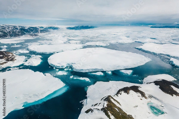 Fototapeta Antarctic icebergs and ice floes float in the vast, frigid ocean. The ice formations, sculpted by nature's forces, create a stunning, otherworldly landscape.