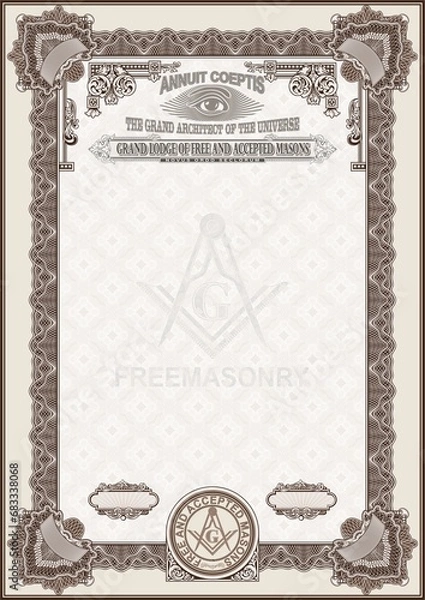 Fototapeta Vertical blank with Masonic symbols for creating certificates, diplomas, bills and other securities. Classic design in brown.