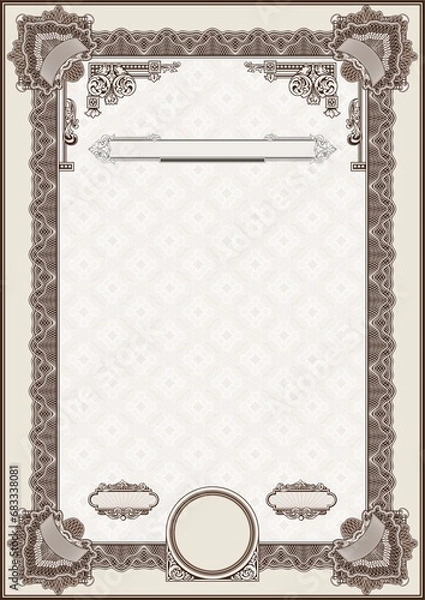 Fototapeta Vertical form for creating certificates, diplomas, bills and other securities. Classic design in brown tones.