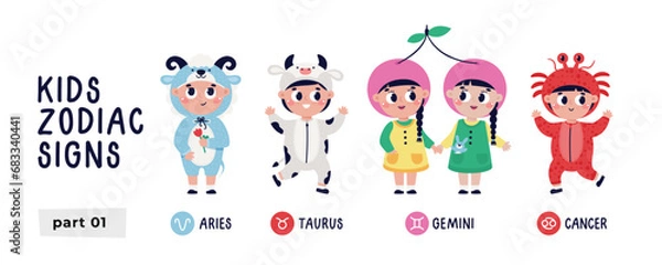 Fototapeta Colorful vector set with zodiac signs. Part 1. Astrological horoscope vector symbol for kids. Aries, Taurus, Gemini, Cancer