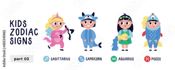 Fototapeta Colorful vector set with zodiac signs. Part 3. Astrological horoscope vector symbol for kids. Sagittarius, Aquarius, Capricorn, Pisces