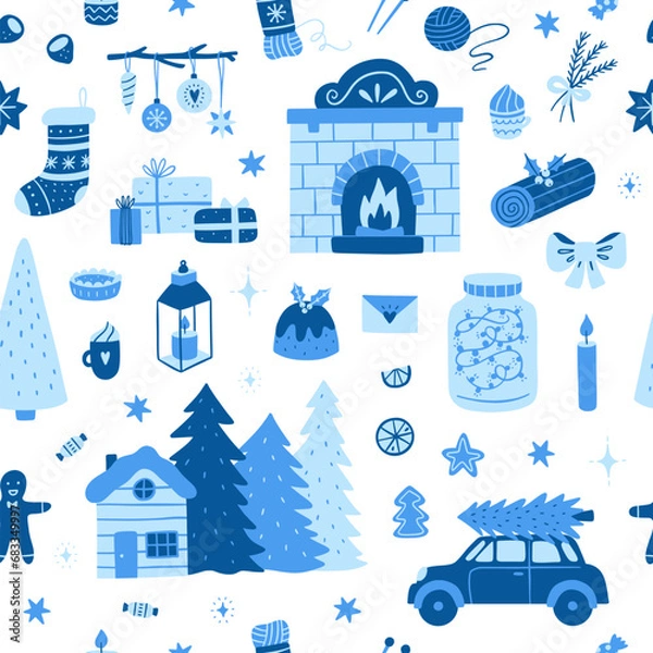 Fototapeta Christmas seamless pattern. Cute blue pattern with winter graphic elements