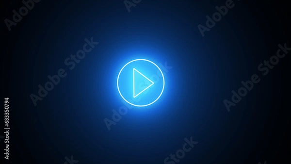 Fototapeta Glowing blue color play button on black background. Play right navigate triangle arrow start button. Neon glowing play button with neon circle