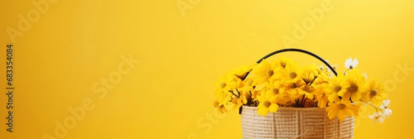 Fototapeta Basket with spring flowers isolated on yellow background, space for text