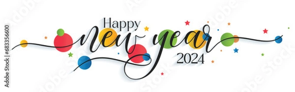 Fototapeta Happy New Year 2024 Typography. Hand drawn modern vector calligraphy with brush stroke. Simple inscription with swashes wavy lettering text. 1 January New Year Eve greeting card and Social Media Cover