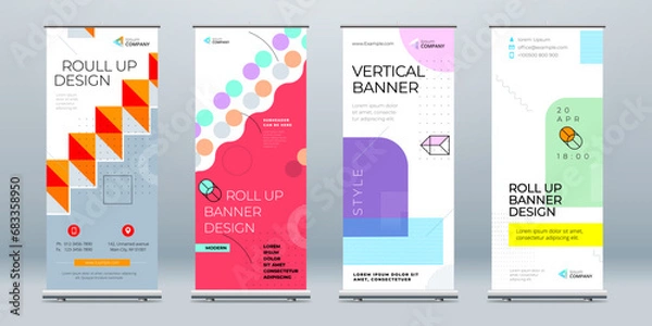 Fototapeta Business Roll Up Banner Set Abstract Roll up background for Presentation. Vertical rollup, x-stand, exhibition display, Retractable banner stand or flag design layout for conference, forum.